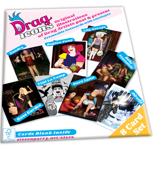 Drag Icons 8 Card Set Includes Lily Savage, Regina Fong, Sandra, Ruby Venezuela, Adrella, Dave Lynn, Titti La Camp, Rose Garden Cards